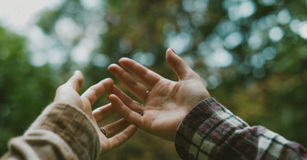 Capture the essence of connection with outstretched hands reaching for each other amongst blurred greenery.